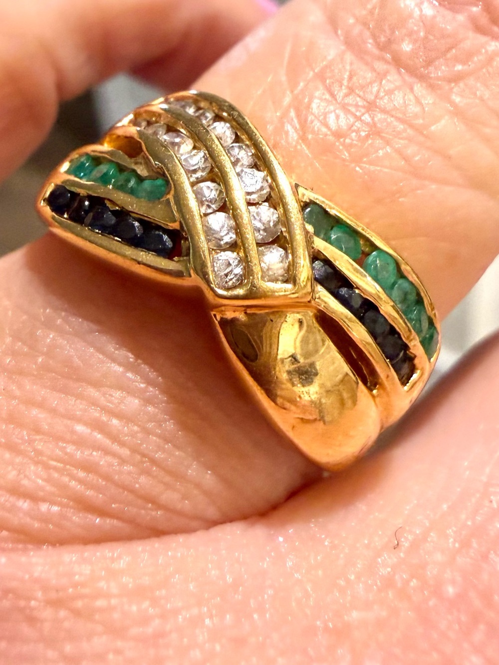 Vintage Gold over 925 Silver Crossover Ring Sz 7 Sapphire Emerald CZ Accents